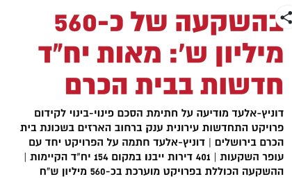 בהשקעה של כ-560 מיליון ש': מאות יח"ד חדשות בבית הכרם - דוניץ אלעד