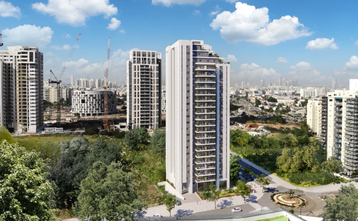 הדמיית רמת הדר בגבעת שמואל עם מגדל מגורים וסביבתו