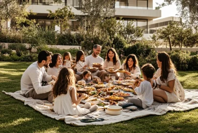 ארוחה משותפת על מחצלת במדשאה בין בנייני מגורים.